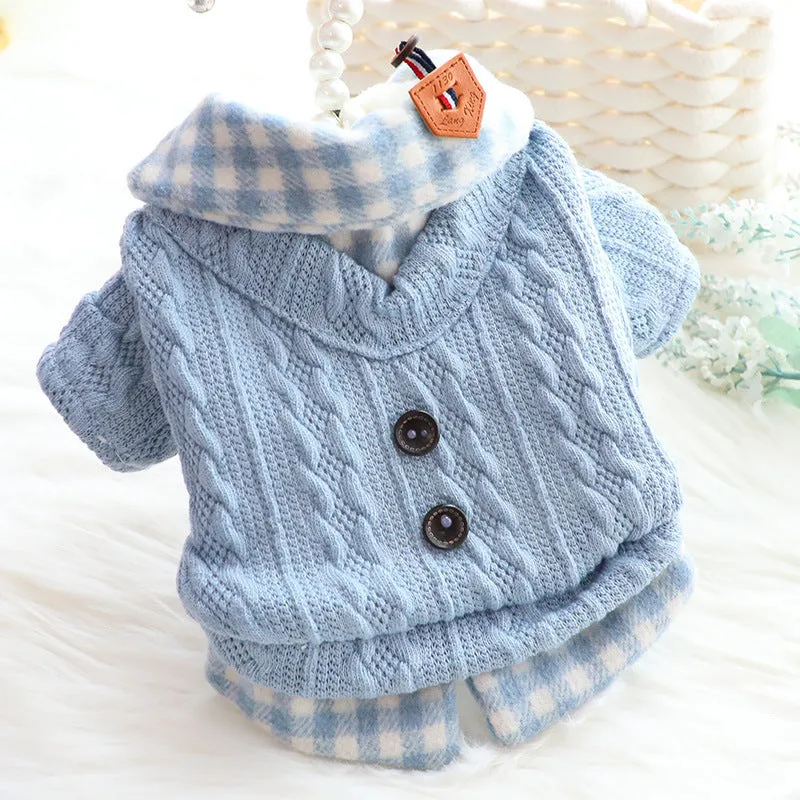 Blue and pink plaid dog sweater with fleece lining and fake two-piece design in sizes XS to XL