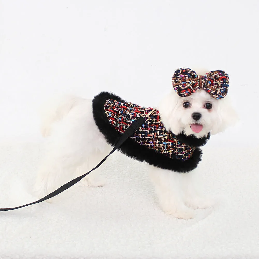 A dog wearing a classic cloth cloak attached to a chest strap with a hand holding rope