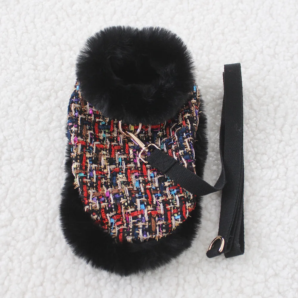 A dog wearing a classic cloth cloak attached to a chest strap with a hand holding rope