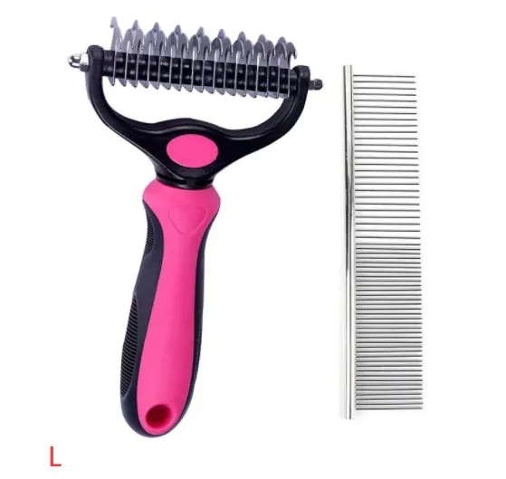 Stainless steel pet knot opening comb with double-sided blades in blue, small size 17x7cm