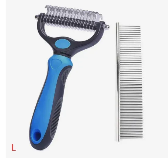 Stainless steel pet knot opening comb with double-sided blades in blue, small size 17x7cm
