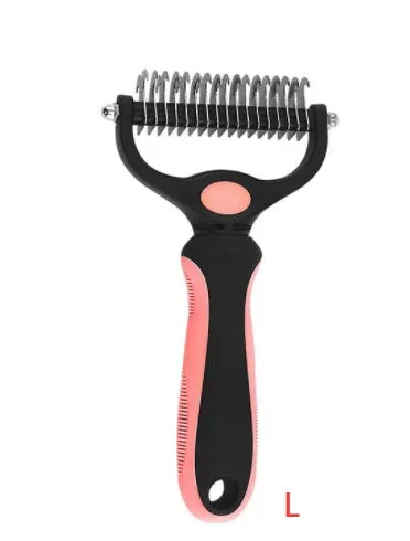 Stainless steel pet knot opening comb with double-sided blades in blue, small size 17x7cm