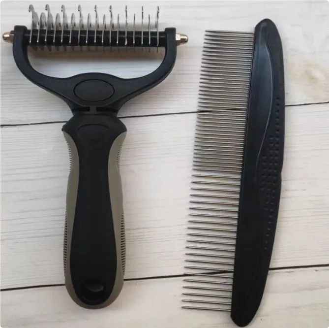 Stainless steel pet knot opening comb with double-sided blades in blue, small size 17x7cm