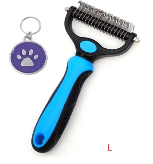 Stainless steel pet knot opening comb with double-sided blades in blue, small size 17x7cm