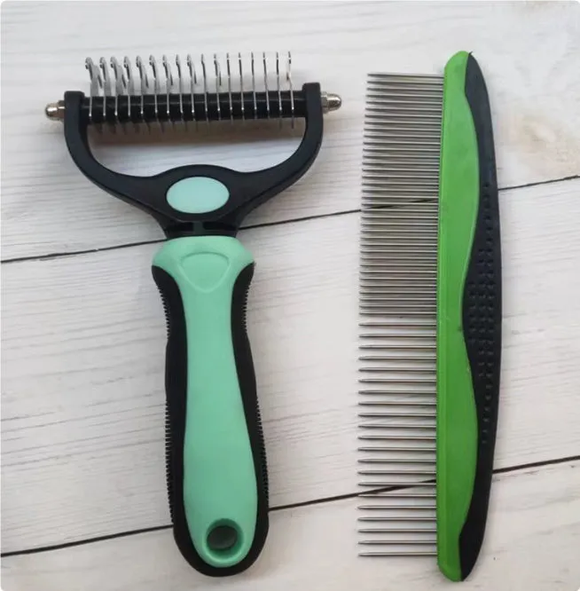 Stainless steel pet knot opening comb with double-sided blades in blue, small size 17x7cm
