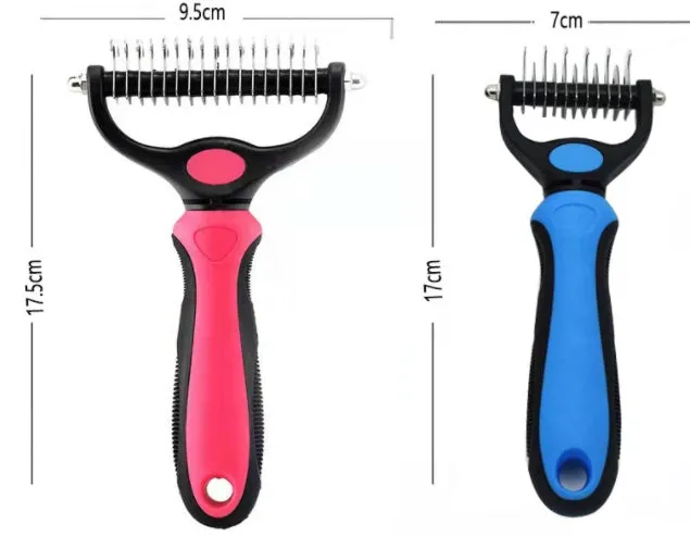 Stainless steel pet knot opening comb with double-sided blades in blue, small size 17x7cm