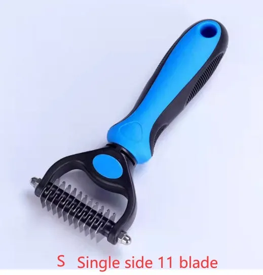 Stainless steel pet knot opening comb with double-sided blades in blue, small size 17x7cm