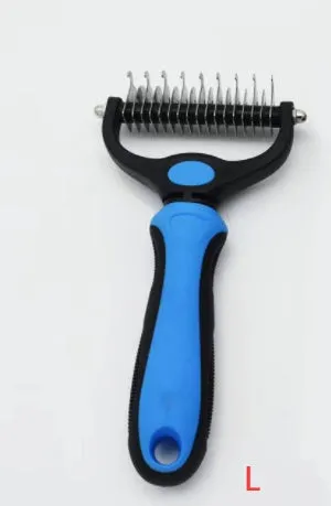 Stainless steel pet knot opening comb with double-sided blades in blue, small size 17x7cm