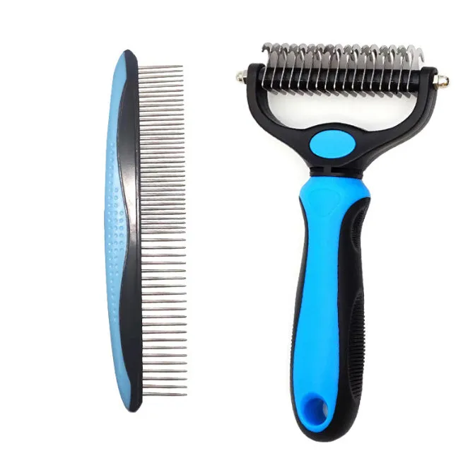 Stainless steel pet knot opening comb with double-sided blades in blue, small size 17x7cm
