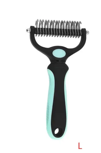 Stainless steel pet knot opening comb with double-sided blades in blue, small size 17x7cm