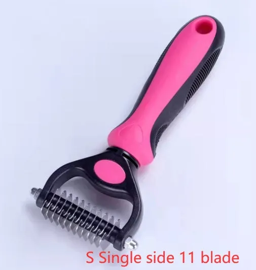 Stainless steel pet knot opening comb with double-sided blades in blue, small size 17x7cm
