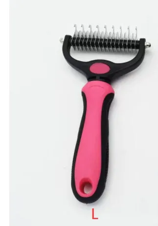 Stainless steel pet knot opening comb with double-sided blades in blue, small size 17x7cm