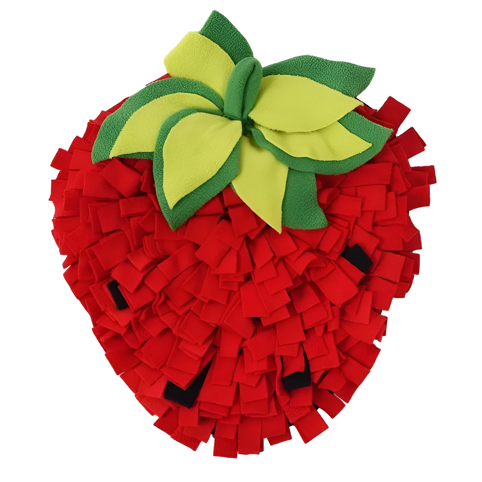 Red and green strawberry shaped pet slow feeder mat for dogs and cats on floor
