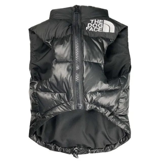 Thick warm down vest for dogs in black, showing side view, sizes S to XXL