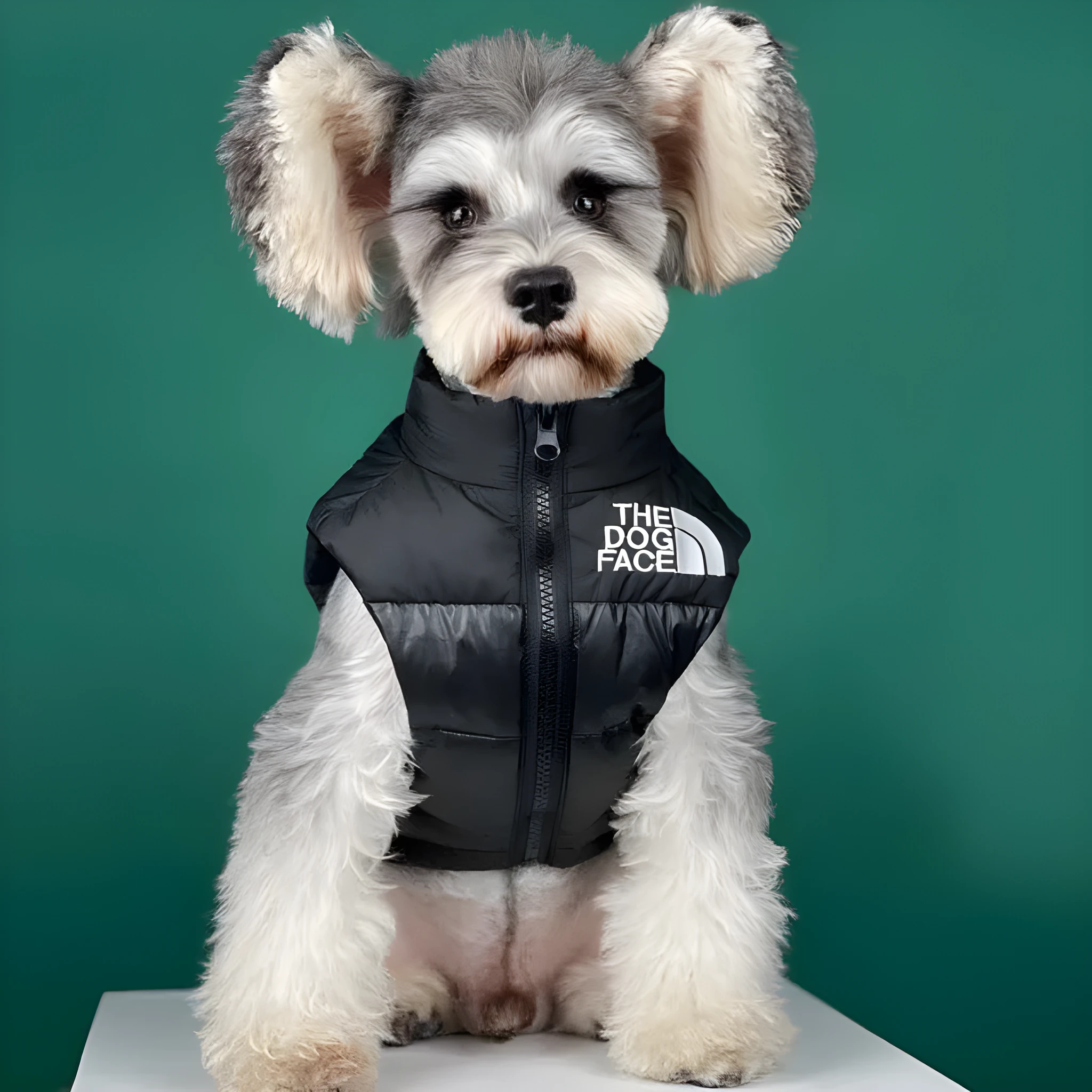 Thick warm down vest for dogs in black, showing side view, sizes S to XXL