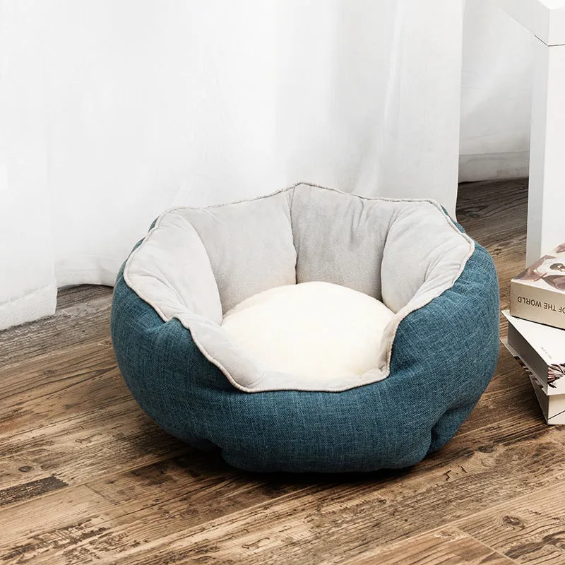 Octagonal pet bed with removable mats in blue colour with soft wool point design