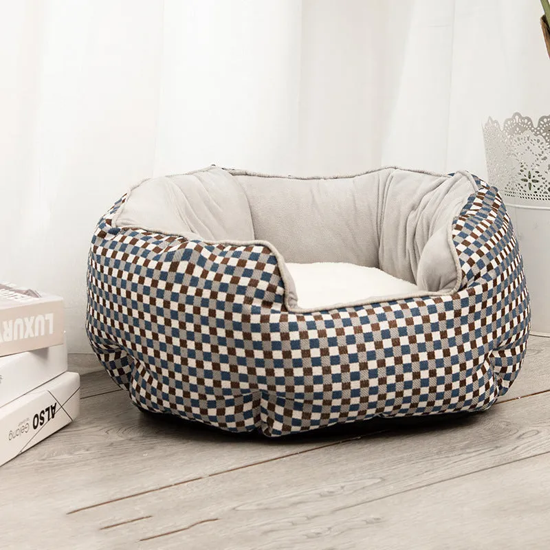 Octagonal pet bed with removable mats in blue colour with soft wool point design