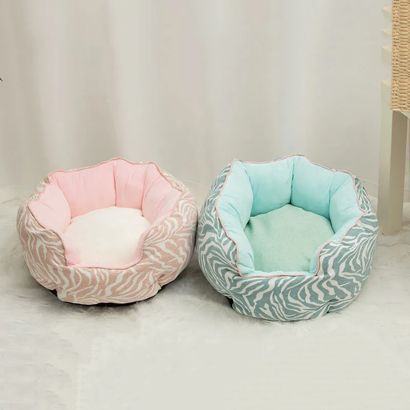 Octagonal pet bed with removable mats in blue colour with soft wool point design
