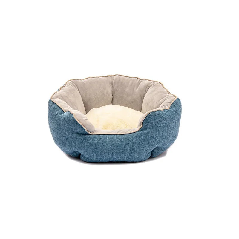 Octagonal pet bed with removable mats in blue colour with soft wool point design