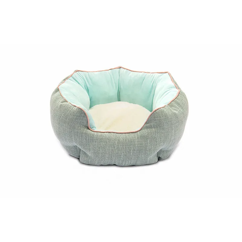 Octagonal pet bed with removable mats in blue colour with soft wool point design