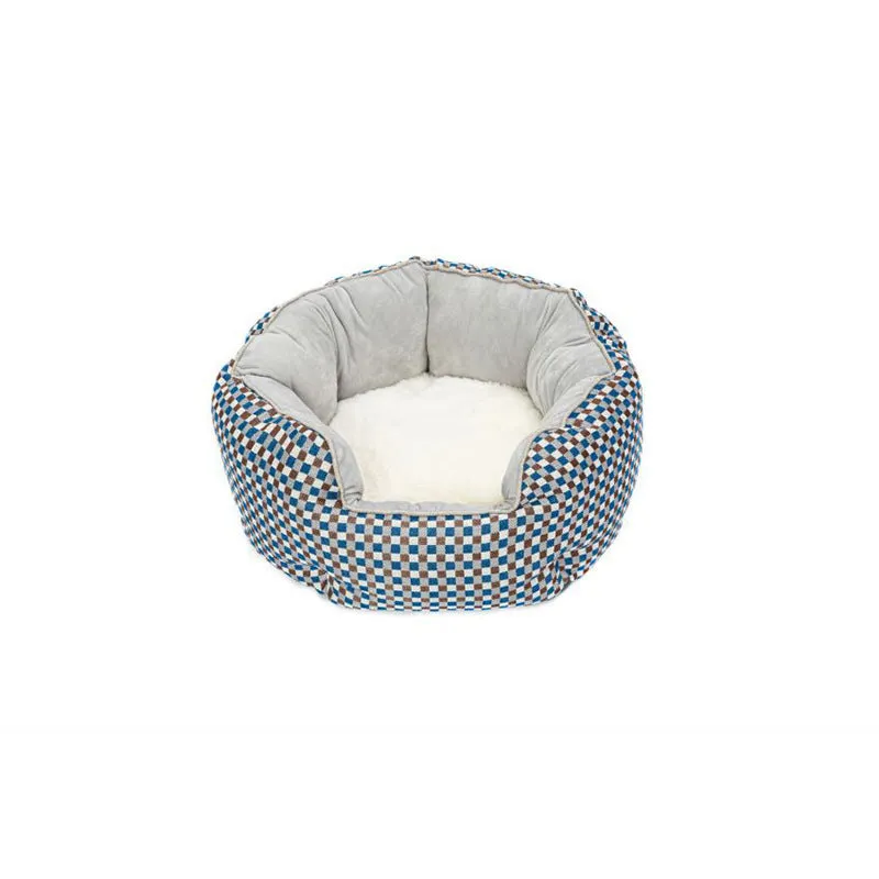 Octagonal pet bed with removable mats in blue colour with soft wool point design