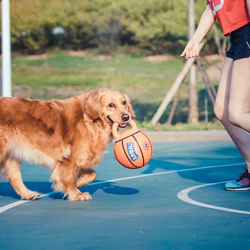 Jianbao orange red basketball style dog toy ball with rubber handle on grass