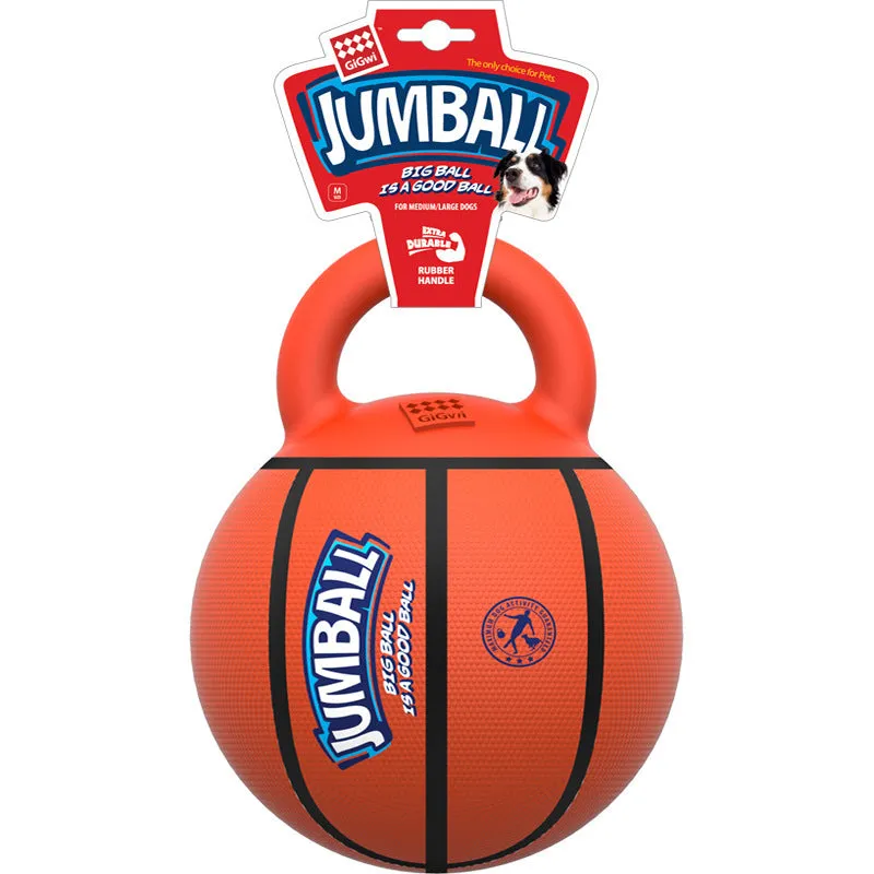 Jianbao orange red basketball style dog toy ball with rubber handle on grass