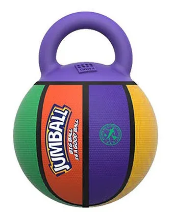 Jianbao orange red basketball style dog toy ball with rubber handle on grass