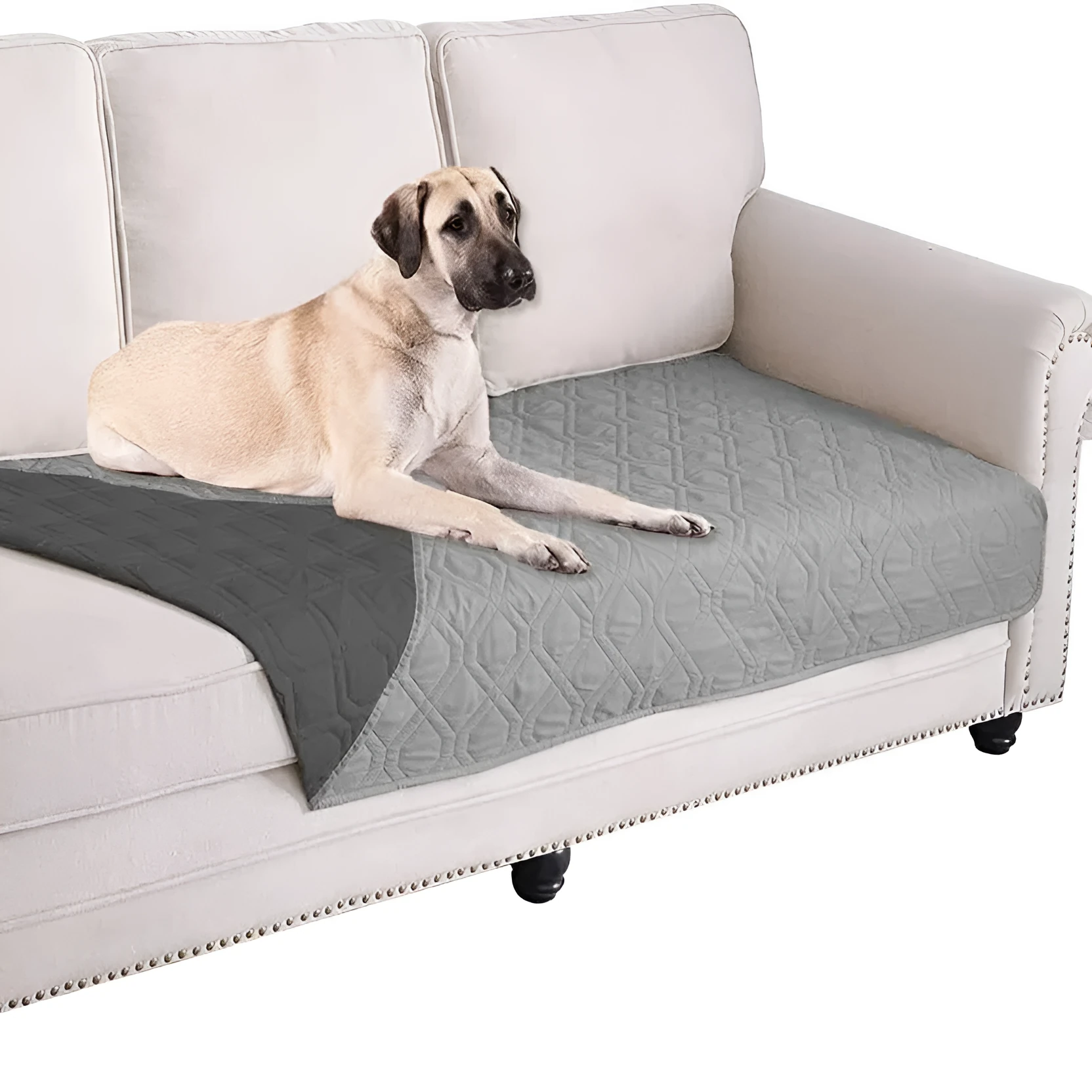 Reversible waterproof dog blanket sofa cover in grey, laid flat on a sofa