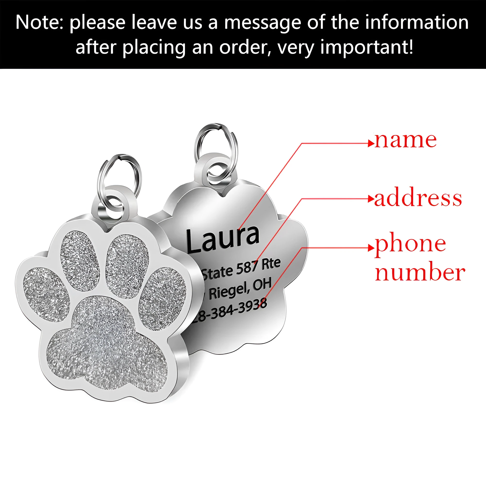 Customised stainless steel bone dog ID tag with engravable surface, 45x29 mm, in silver colour