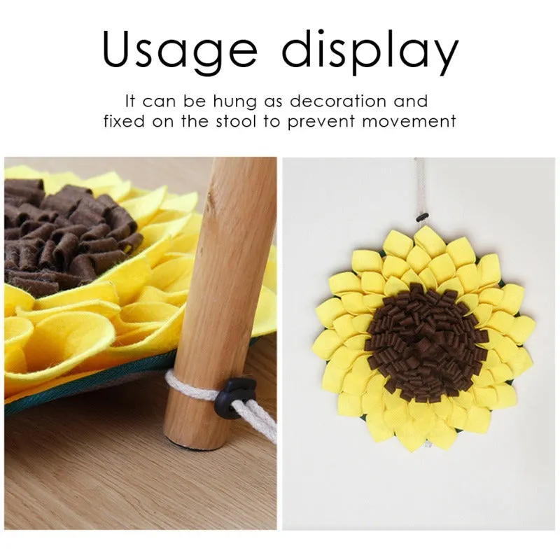 Yellow sunflower pattern dog snuffle mat measuring 37.5cm square with rope attachment