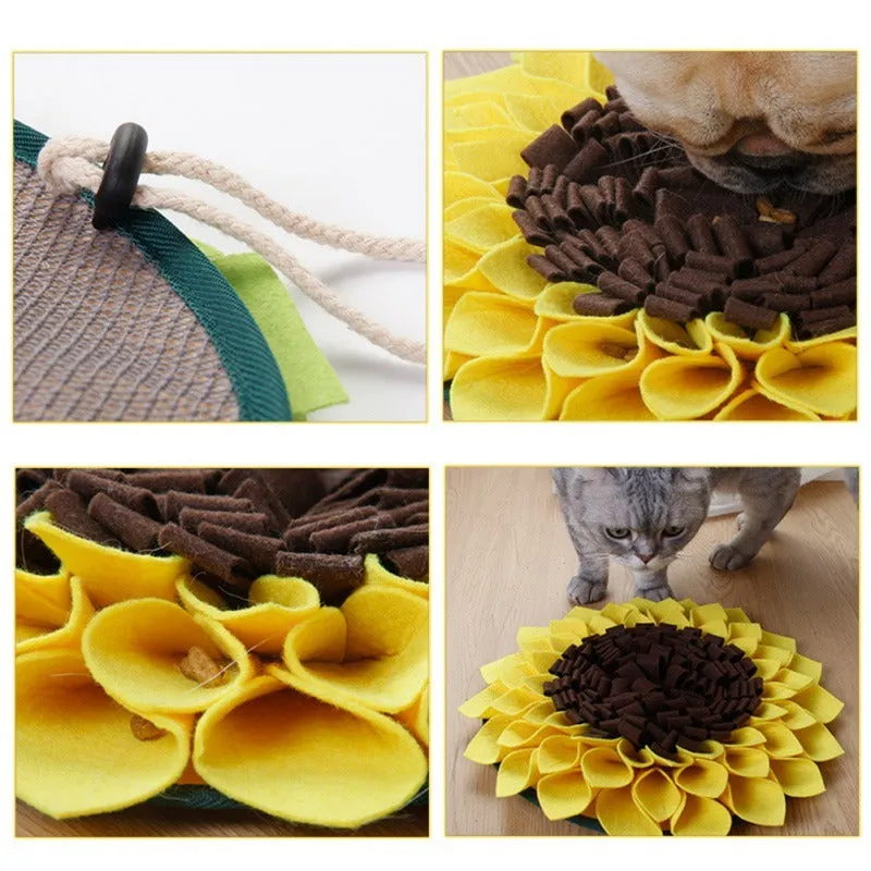Yellow sunflower pattern dog snuffle mat measuring 37.5cm square with rope attachment