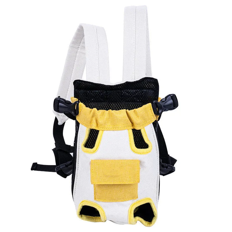 Canvas dog outing shoulder portable pet backpack in red and white with colour-matching trim, for small to medium dogs
