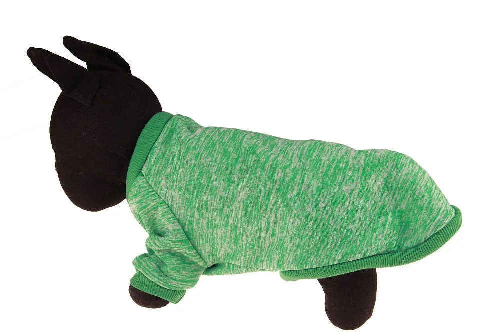 Colorful cotton two-legged pet sweater for small dogs, with neck and chest measurements, available in multiple sizes