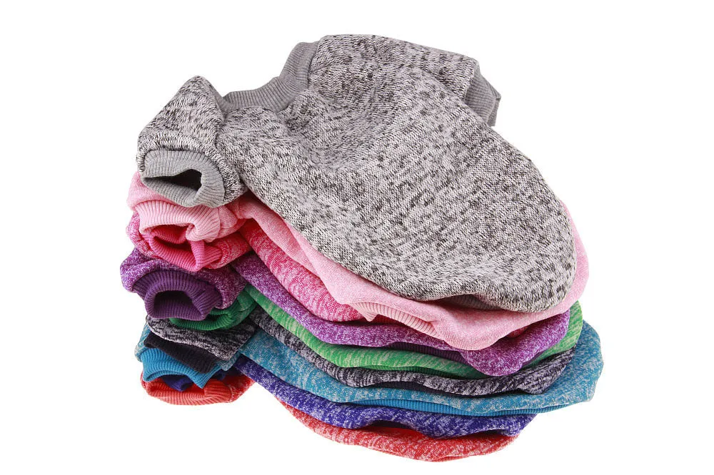 Colorful cotton two-legged pet sweater for small dogs, with neck and chest measurements, available in multiple sizes