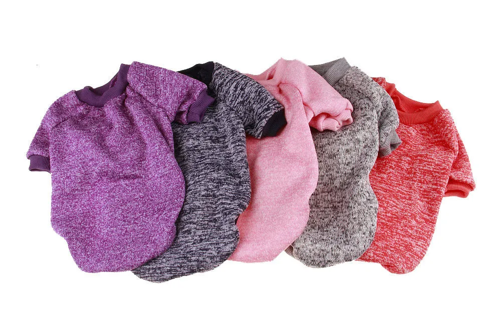 Colorful cotton two-legged pet sweater for small dogs, with neck and chest measurements, available in multiple sizes