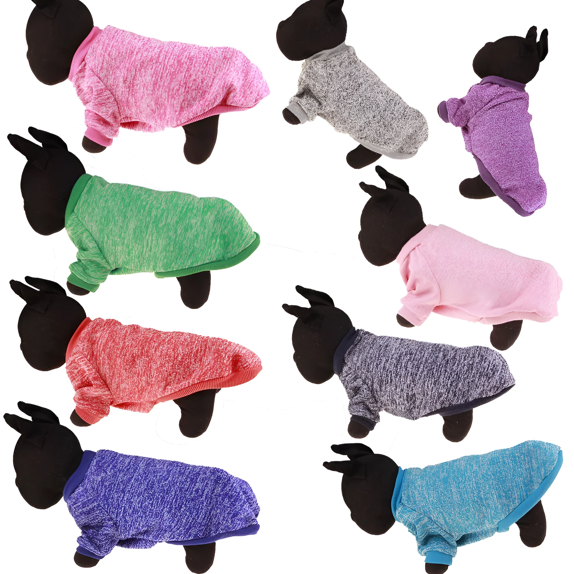 Colorful cotton two-legged pet sweater for small dogs, with neck and chest measurements, available in multiple sizes