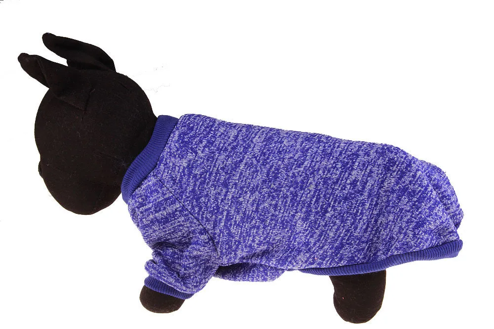 Colorful cotton two-legged pet sweater for small dogs, with neck and chest measurements, available in multiple sizes