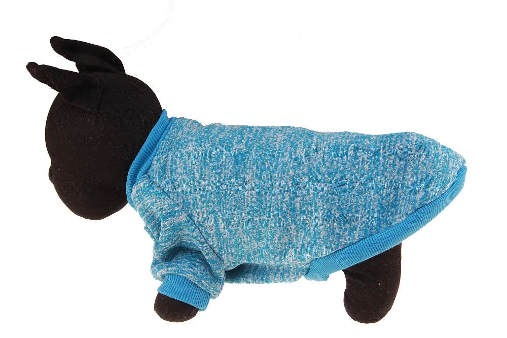 Colorful cotton two-legged pet sweater for small dogs, with neck and chest measurements, available in multiple sizes