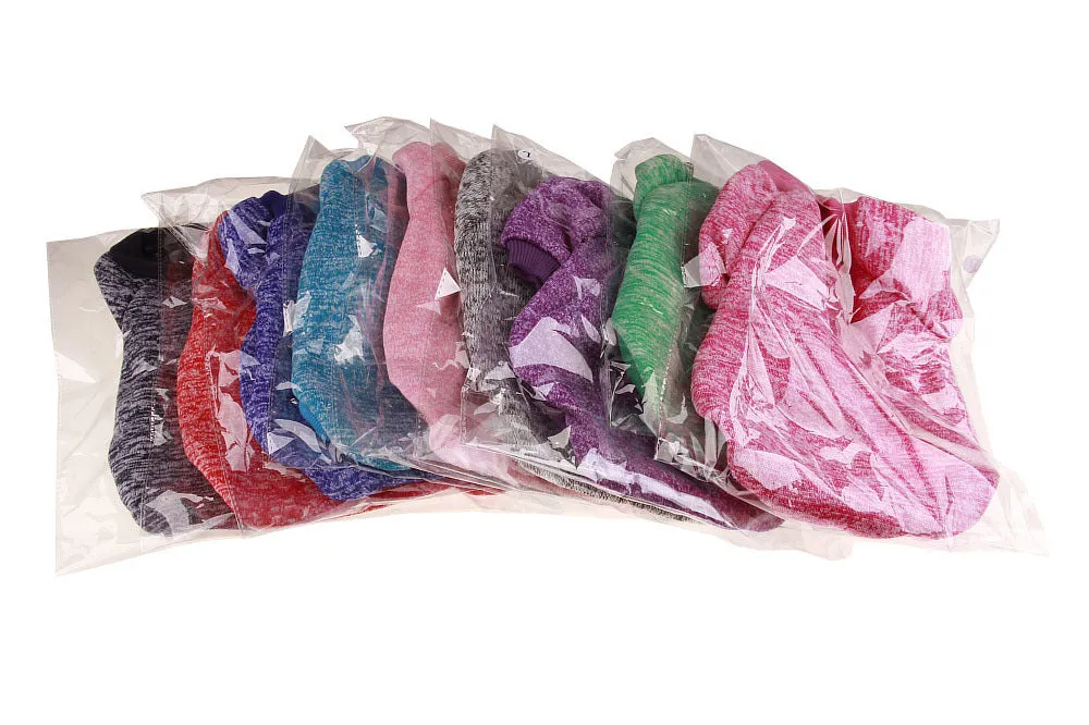 Colorful cotton two-legged pet sweater for small dogs, with neck and chest measurements, available in multiple sizes