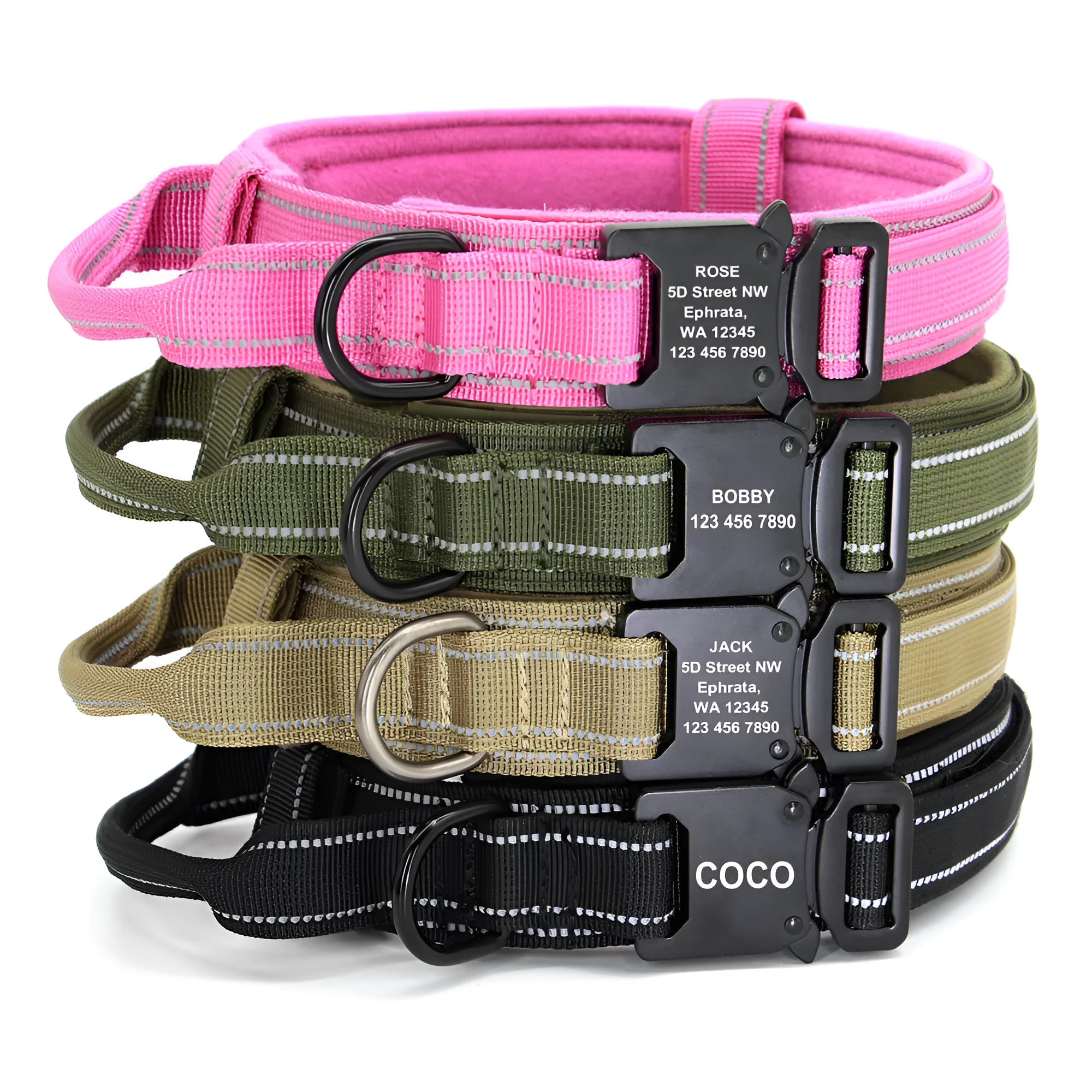 Medium large dog collar with reflective nylon webbing and cotton lining in camouflage pattern