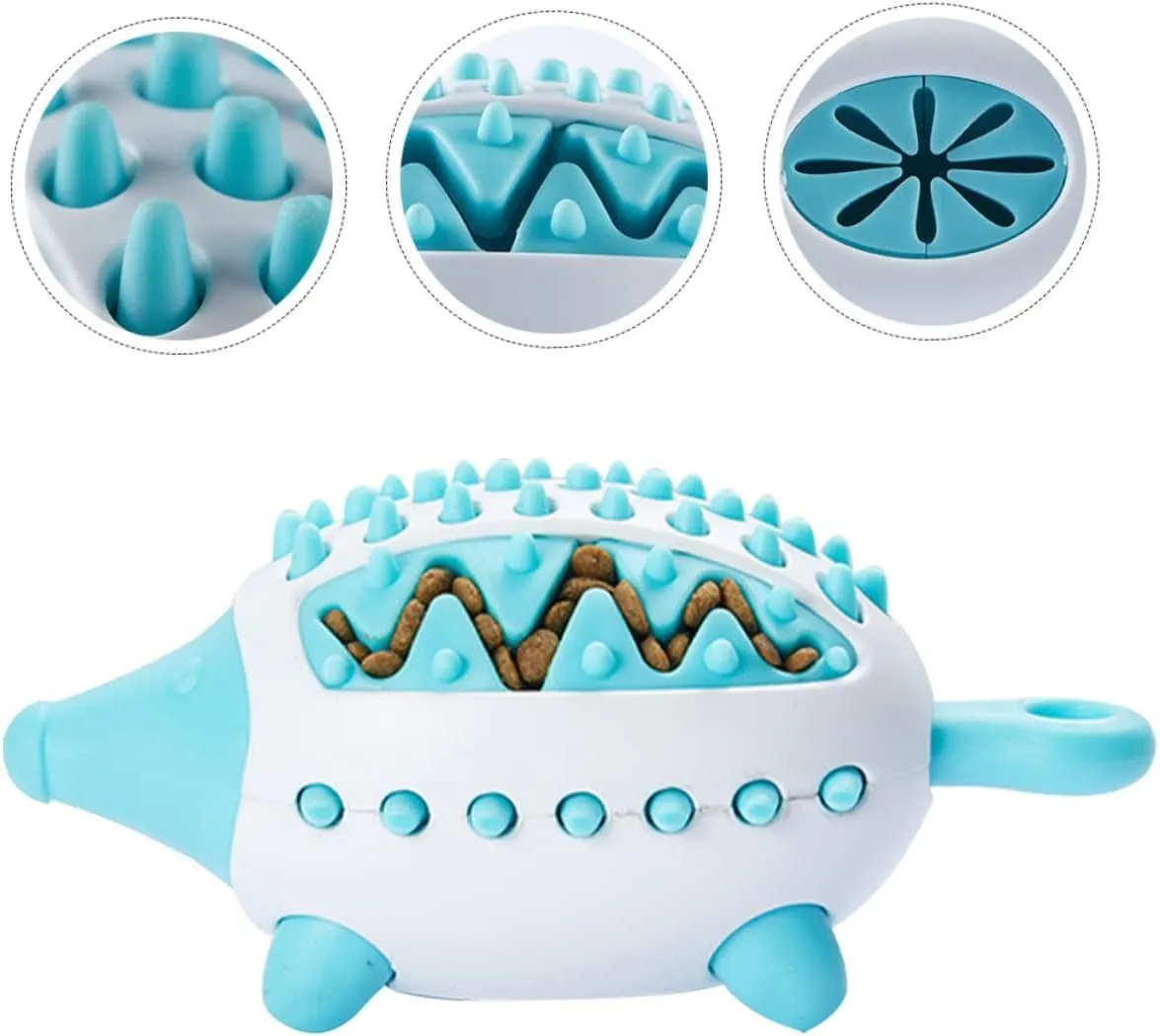 Dog toy treat dispensing squeaky ball in blue green and pink colours