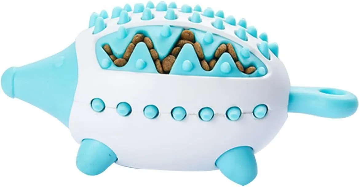 Dog toy treat dispensing squeaky ball in blue green and pink colours