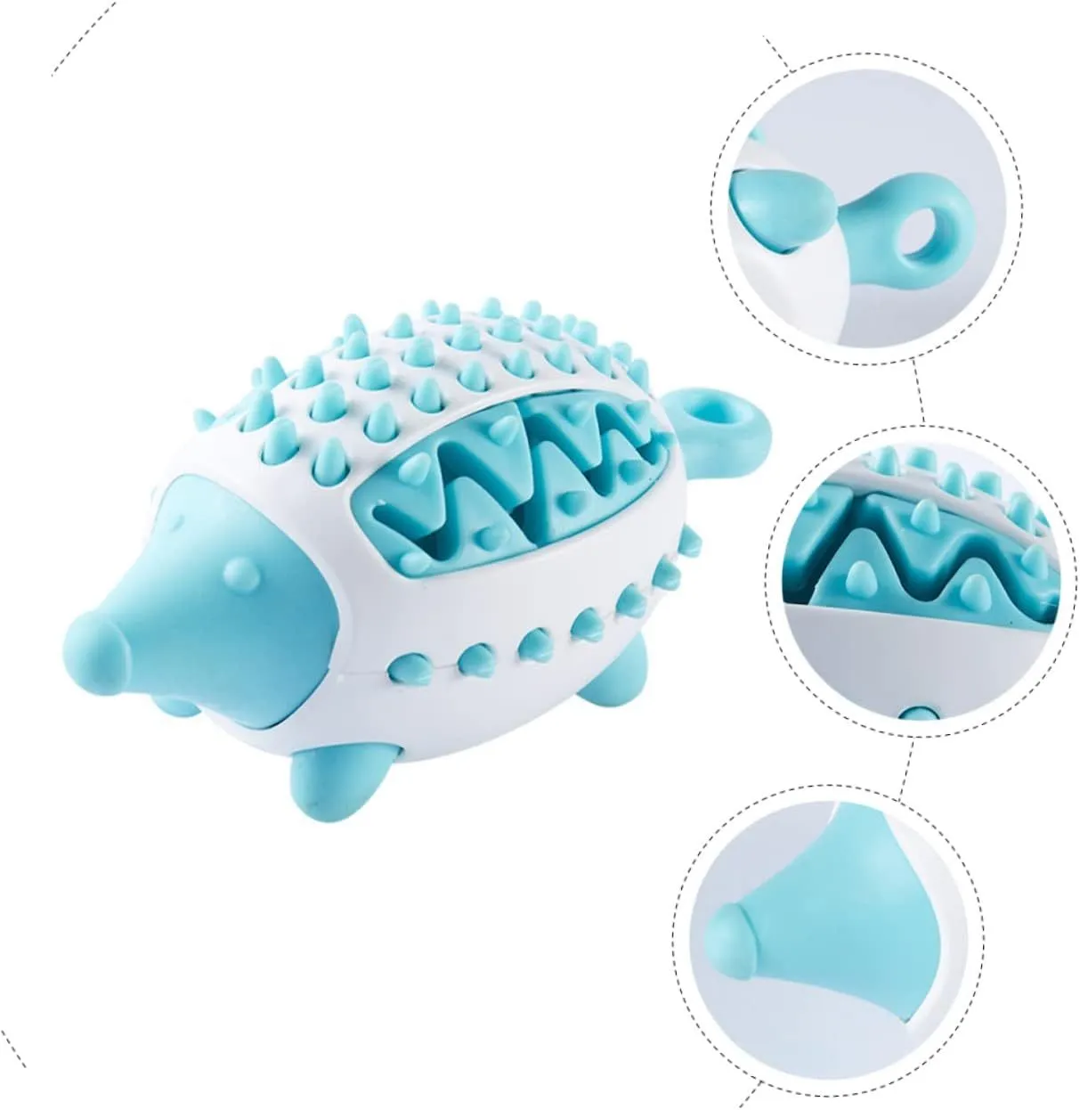 Dog toy treat dispensing squeaky ball in blue green and pink colours