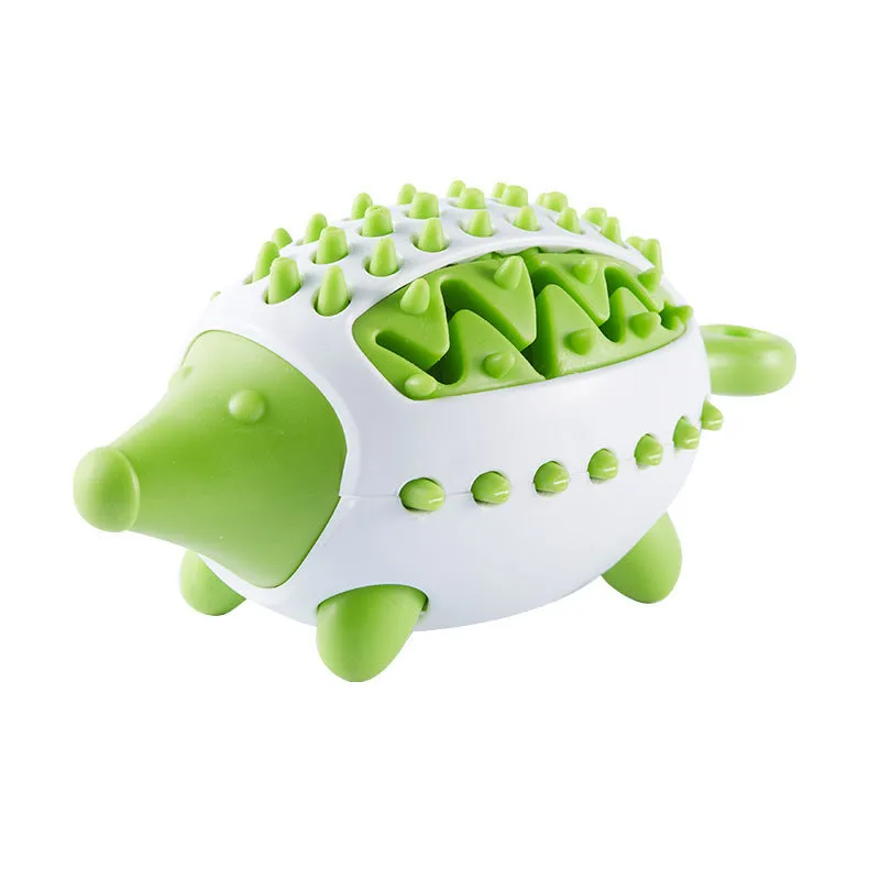 Dog toy treat dispensing squeaky ball in blue green and pink colours