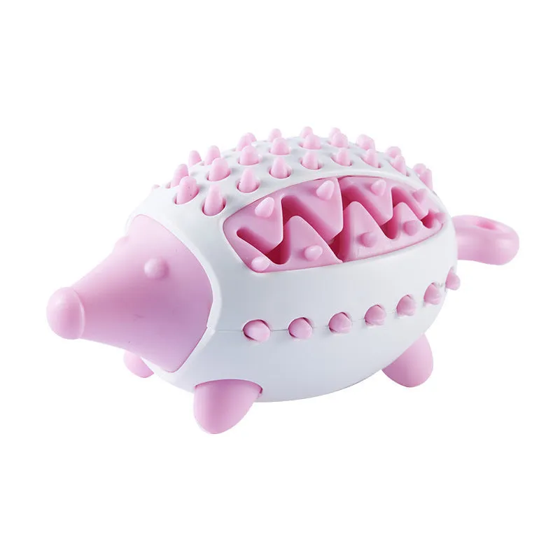 Dog toy treat dispensing squeaky ball in blue green and pink colours