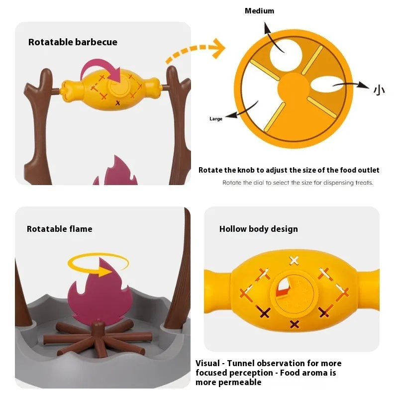 Barbecue-shaped tumbling cat toy with food dispenser, measuring 30x30x29 cm.