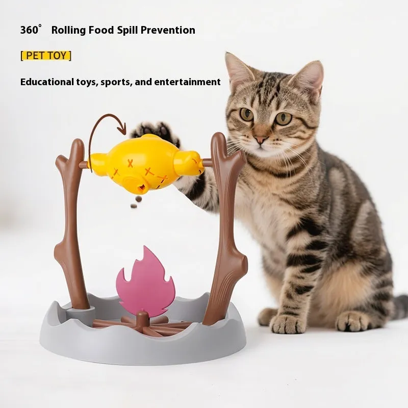 Barbecue-shaped tumbling cat toy with food dispenser, measuring 30x30x29 cm.