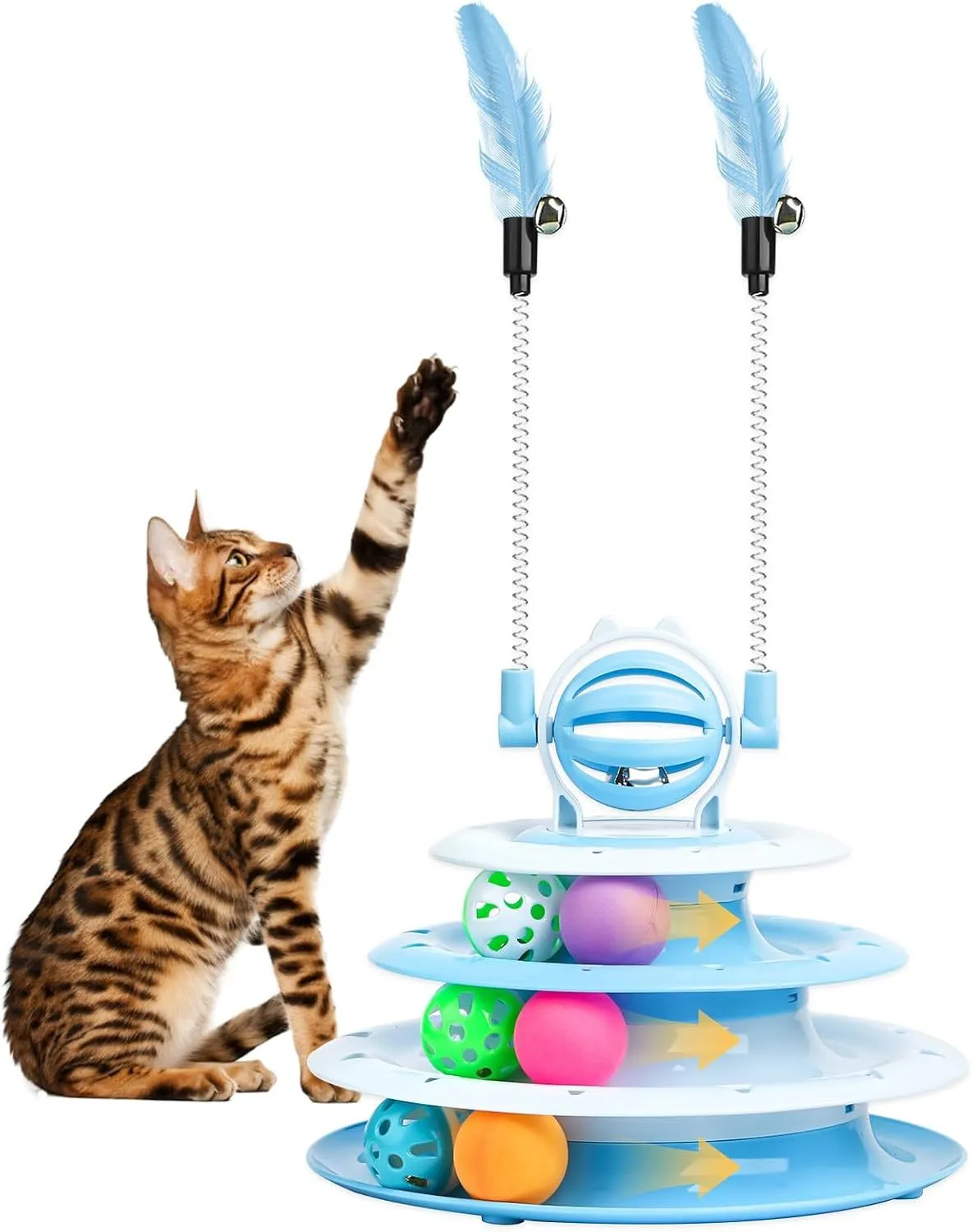 Blue 4-tier interactive cat puzzle toy with six plastic balls on circular tracks and teasing rods