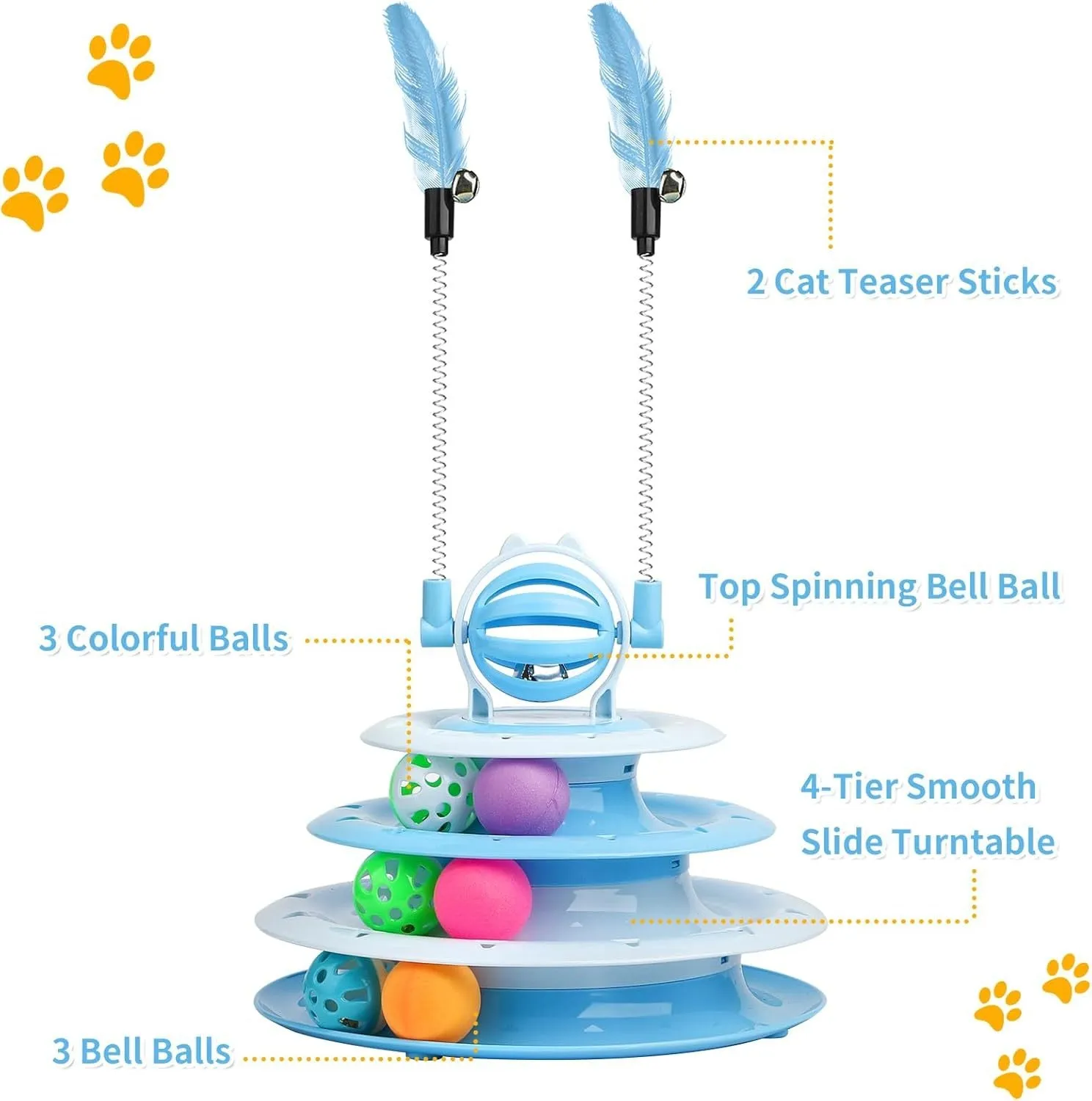Blue 4-tier interactive cat puzzle toy with six plastic balls on circular tracks and teasing rods